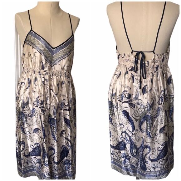 Mimi Maternity Empire Waist V-Neck Silk Tie Back Flowy Dress MIDI Blue Large EUC - Picture 1 of 14